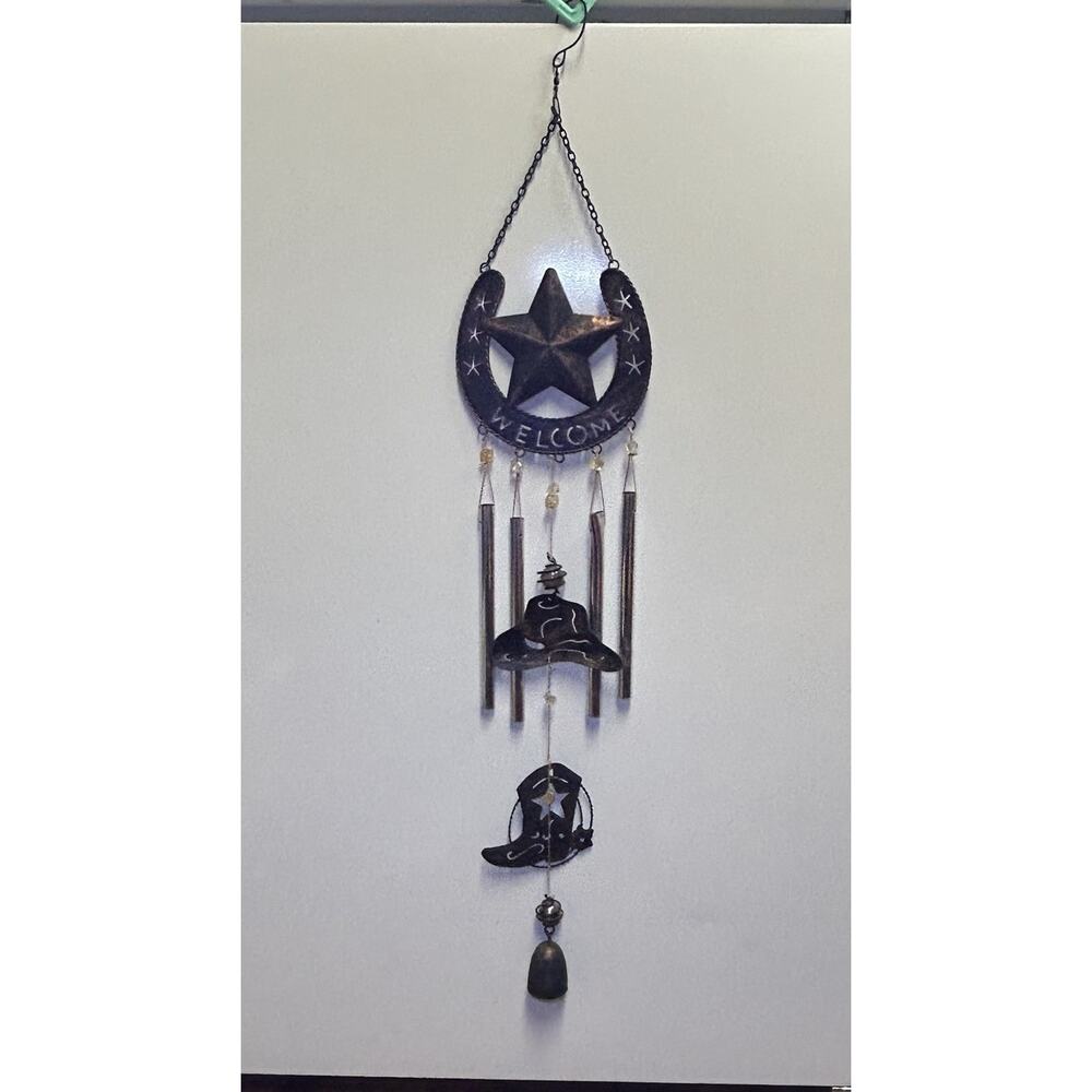 Country Western Cowboy Boots Hat Horseshoe Wind Chimes Hanging Welcome Sign